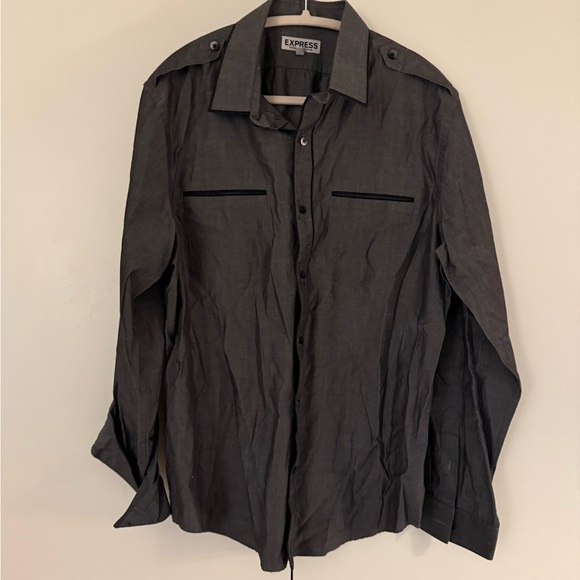 Express Fitted Collared Button Down Chambray Shirt - Picture 3 of 5